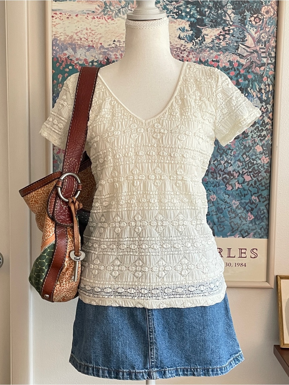 Vintage Y2K Lace Top Womens Small Cream V-Neck Knit Coquette Cottagecore Angel